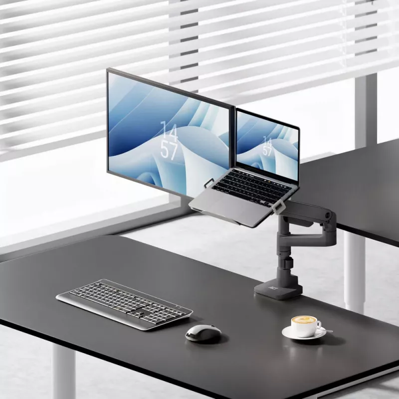 ACT AC8341 rameno pre jeden monitor s držiakom na notebook Office Premium, plynová pružina, montáž na stĺp