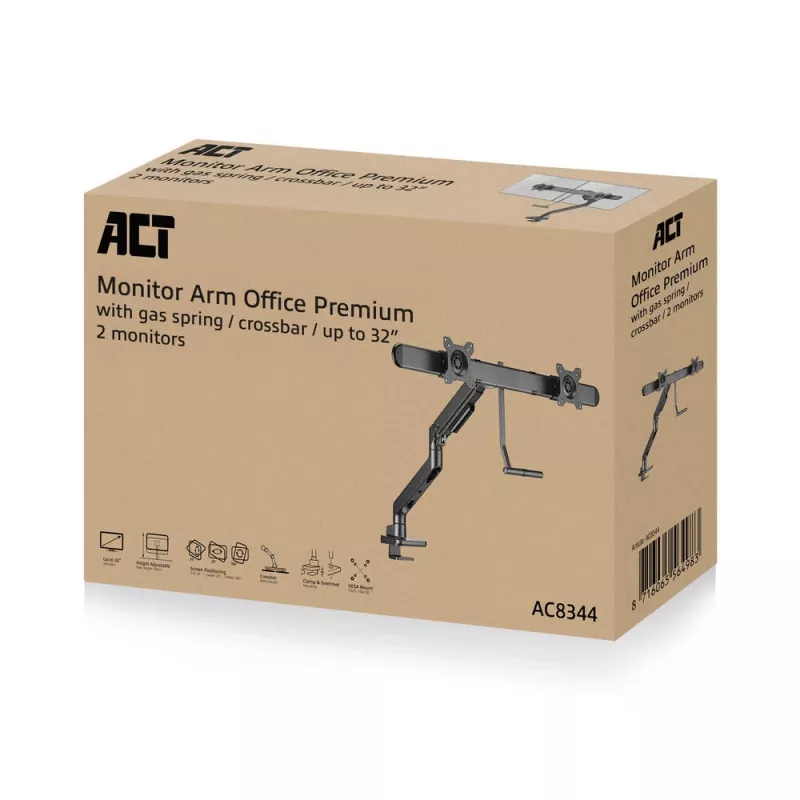 ACT rameno na monitor 32 palcov Office Premium, plynová pružina, priečna tyč, 2 monitory