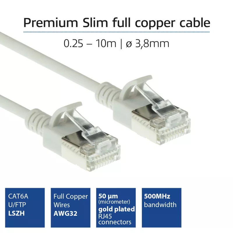 ACT sivá 1 meter LSZH U/FTP CAT6A slimline patch kábel do dátového centra bez zaistenia s RJ45 konektormi