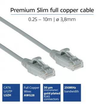 ACT sivá 5 metrov LSZH U/UTP CAT6 slimline patch kábel do dátového centra bez zaistenia s RJ45 konektormi