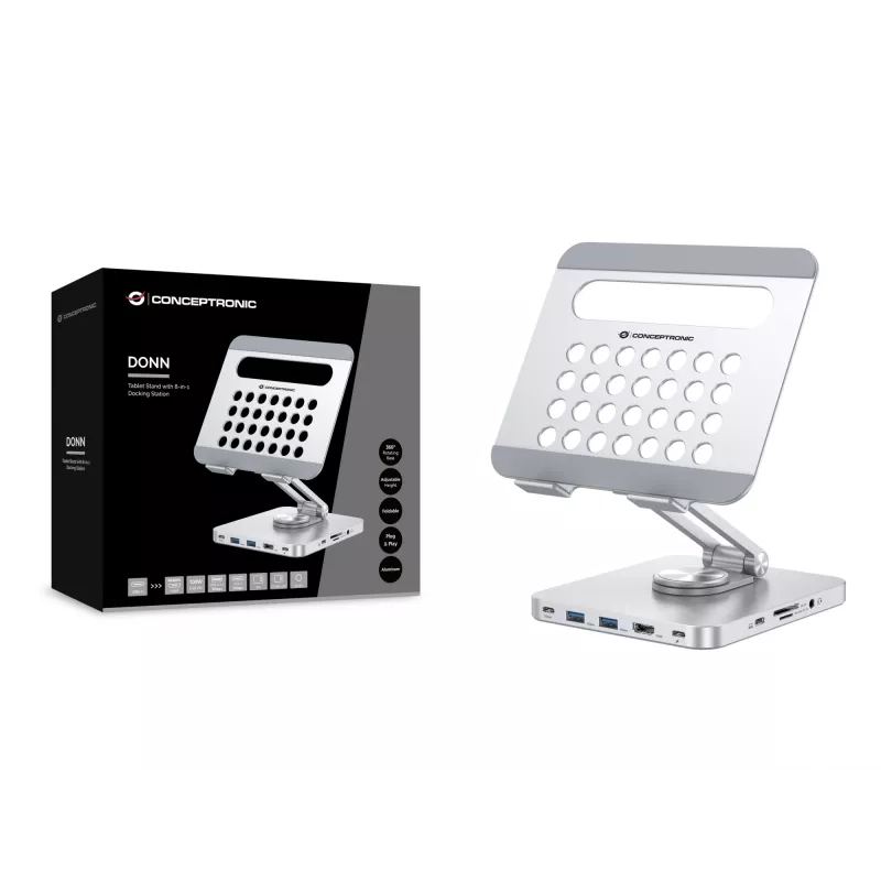 Conceptronic DONN26G, strieborná, tablet, multimediálny stojan, hliník, 100 W, MicroSD (TransFlash), SD, SDHC, SDXC