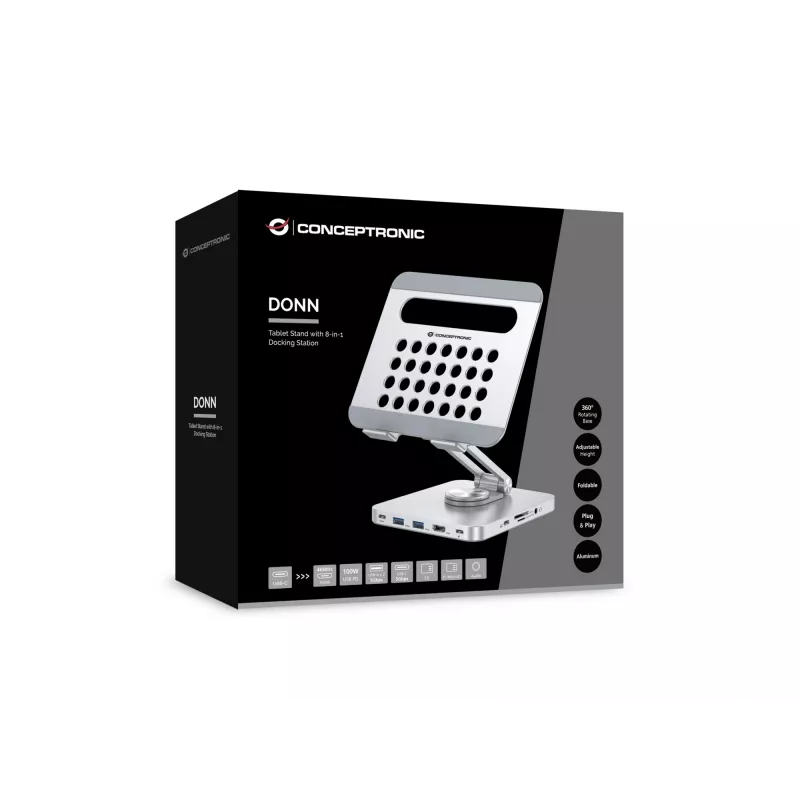 Conceptronic DONN26G, strieborná, tablet, multimediálny stojan, hliník, 100 W, MicroSD (TransFlash), SD, SDHC, SDXC
