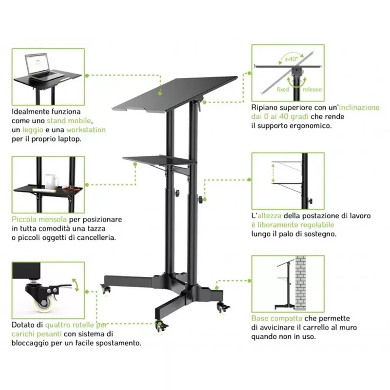 Techly ICA-TB TPM-1BK Univerzálny vozík na notebook/projektor, 103-125 cm, čierny