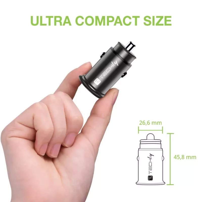 Techly Mini auto nabíjačka USB-A a USB-C Quick Charge 3.0 38W v čiernom kove