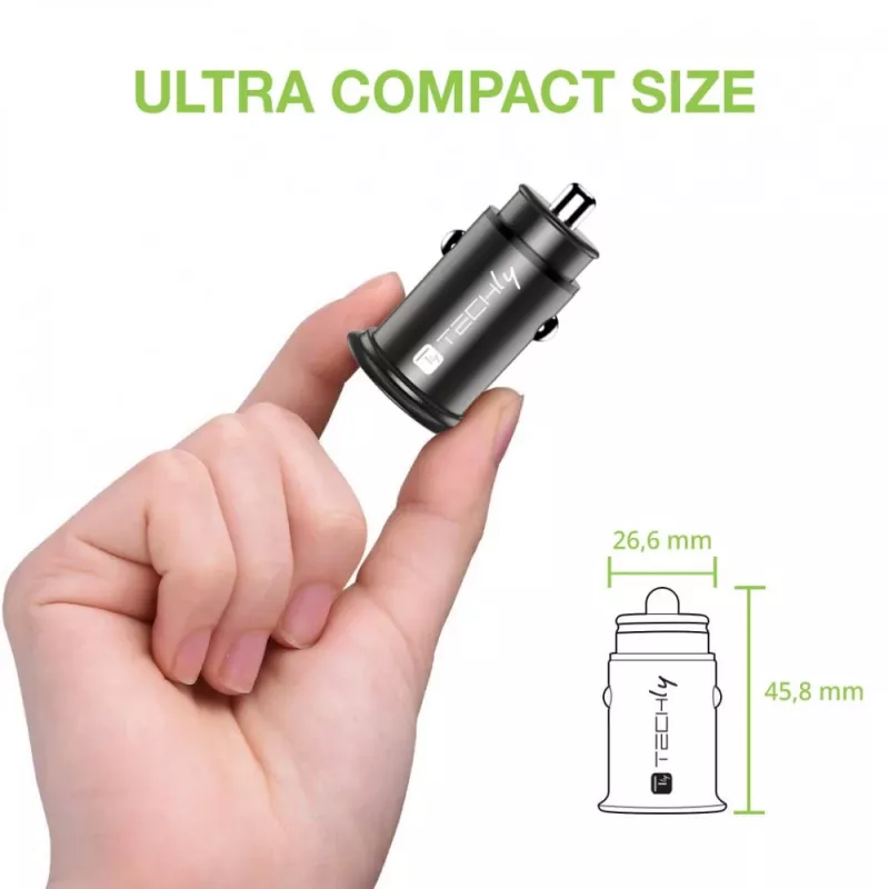 Techly Mini auto nabíjačka USB-A a USB-C Quick Charge 3.0 38W v čiernom kove