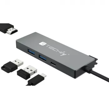 Techly IUSB32C-HUB4HPD laptop dokovacia stanica/port replikátor káblová USB 3.2 Gen 2 (3.1 Gen 2) Type-C sivá
