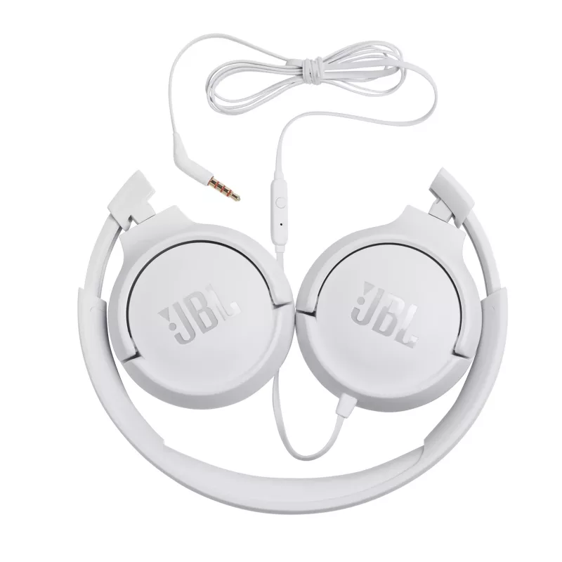 JBL Tune 500 JBLT500WHT slúchadlá na uši, drôtové, mikrofón, plochý kábel odolný voči zamotaniu, biele