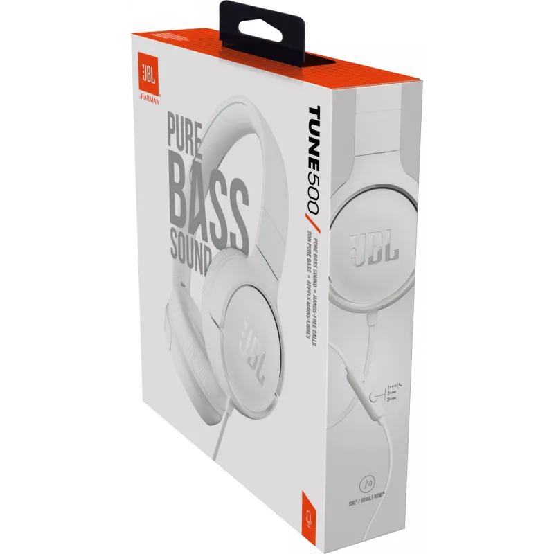 JBL Tune 500 JBLT500WHT slúchadlá na uši, drôtové, mikrofón, plochý kábel odolný voči zamotaniu, biele