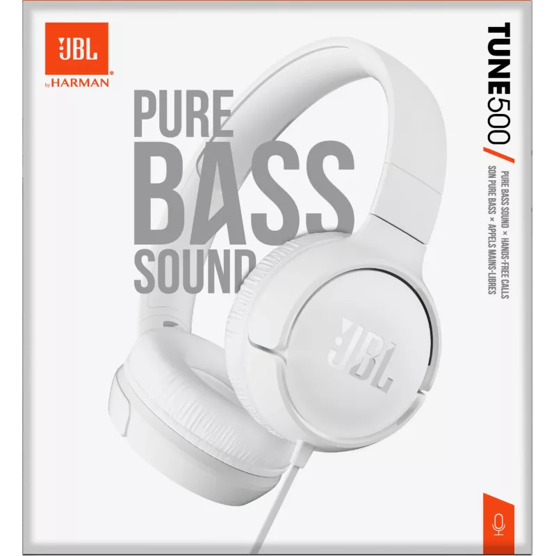 JBL Tune 500 JBLT500WHT slúchadlá na uši, drôtové, mikrofón, plochý kábel odolný voči zamotaniu, biele