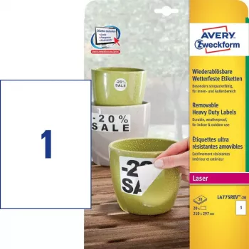 Samolepiaca obdĺžniková etiketa Avery Zweckform L4775REV-20 — biela, permanentná, 210×297 mm, 20 listov