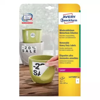 Samolepiaca obdĺžniková etiketa Avery Zweckform L4775REV-20 — biela, permanentná, 210×297 mm, 20 listov