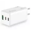 Nabíjačka mobilných zariadení MediaRange MRMA123 — interiérová rýchlonabíjačka AC pre notebook, smartfón, tablet, 100–240V, 2× USB-C, max. 20V, biela