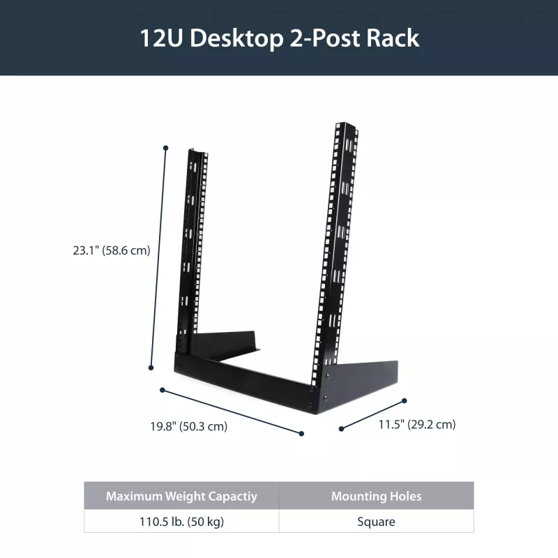 StarTech.com 2-Post 12U Desktop-Server-Rack, malý otvorený 19-palcový počítačový rack, kompaktný sieťový rack pre AV/štúdiové/dátové/IT vybavenie – samostatne stojaci dvojstĺpikový rack pre domáce/kancelárske použitie