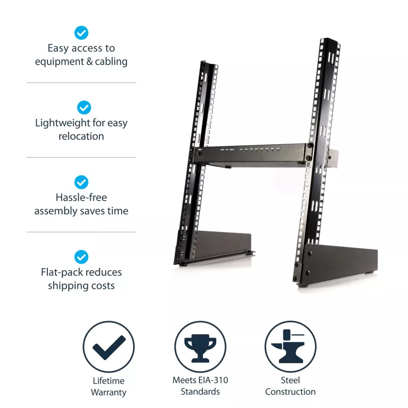 StarTech.com 2-Post 12U Desktop-Server-Rack, malý otvorený 19-palcový počítačový rack, kompaktný sieťový rack pre AV/štúdiové/dátové/IT vybavenie – samostatne stojaci dvojstĺpikový rack pre domáce/kancelárske použitie