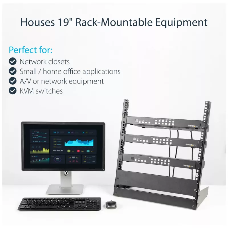 StarTech.com 2-Post 12U Desktop-Server-Rack, malý otvorený 19-palcový počítačový rack, kompaktný sieťový rack pre AV/štúdiové/dátové/IT vybavenie – samostatne stojaci dvojstĺpikový rack pre domáce/kancelárske použitie