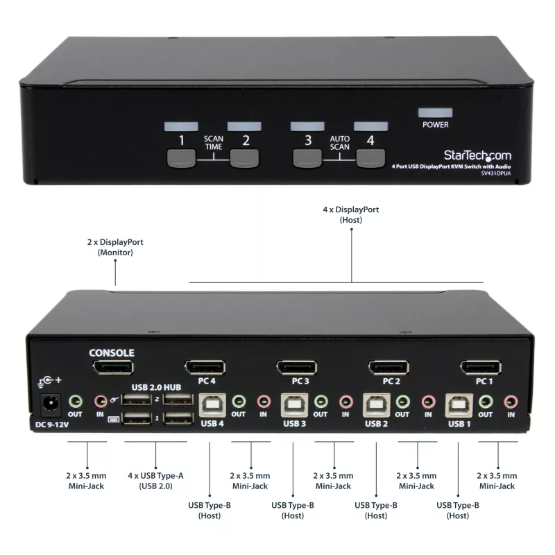 StarTech.com 4-portový USB DisplayPort KVM prepínač s audio, 3840 x 2400 pixelov, čierny
