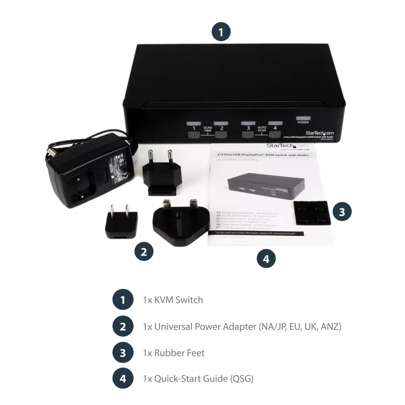 StarTech.com 4-portový USB DisplayPort KVM prepínač s audio, 3840 x 2400 pixelov, čierny