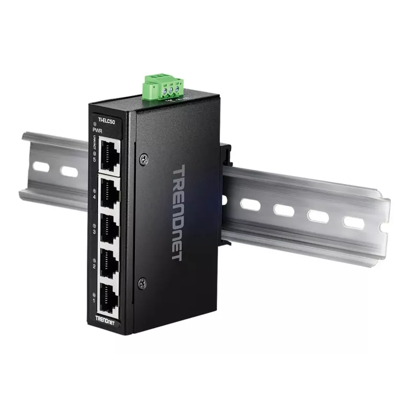 Sieťový switch TRENDnet TI-ELC50 neupravovateľný 5-portový Fast Ethernet (10/100), 9,6–60 V, montáž na stenu/DIN lištu