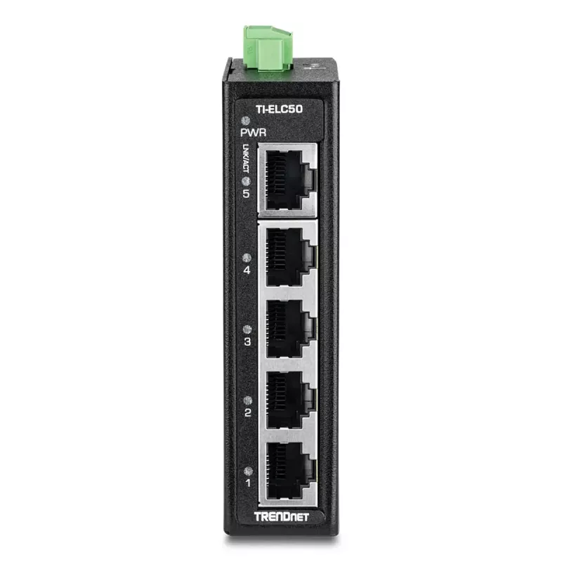 Sieťový switch TRENDnet TI-ELC50 neupravovateľný 5-portový Fast Ethernet (10/100), 9,6–60 V, montáž na stenu/DIN lištu