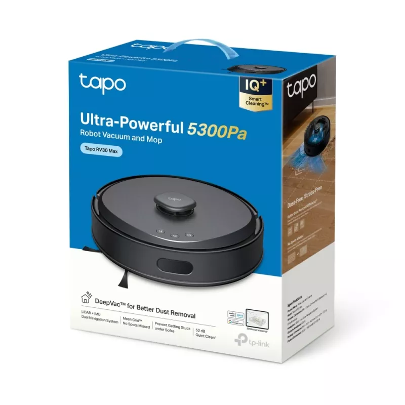 TP-Link Tapo vysávač robot, bez vrecka, čierny, okrúhly, nabíjateľný, 55 dB, 0,3 L
