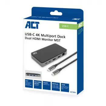 ACT USB-C 4K MST dokovacia stanica pre 2 HDMI monitory, Ethernet, USB-C, 3x USB-A, PD-Passthrough a 1 meter odnímateľný spojovací kábel