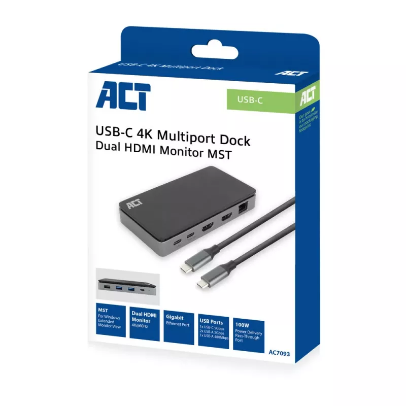 ACT USB-C 4K MST dokovacia stanica pre 2 HDMI monitory, Ethernet, USB-C, 3x USB-A, PD-Passthrough a 1 meter odnímateľný spojovací kábel
