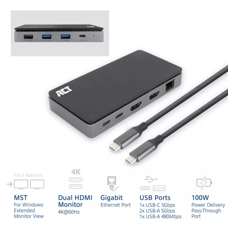 ACT USB-C 4K MST dokovacia stanica pre 2 HDMI monitory, Ethernet, USB-C, 3x USB-A, PD-Passthrough a 1 meter odnímateľný spojovací kábel