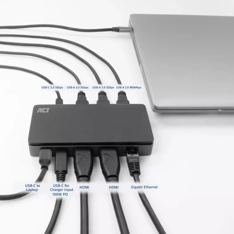 ACT USB-C 4K MST dokovacia stanica pre 2 HDMI monitory, Ethernet, USB-C, 3x USB-A, PD-Passthrough a 1 meter odnímateľný spojovací kábel