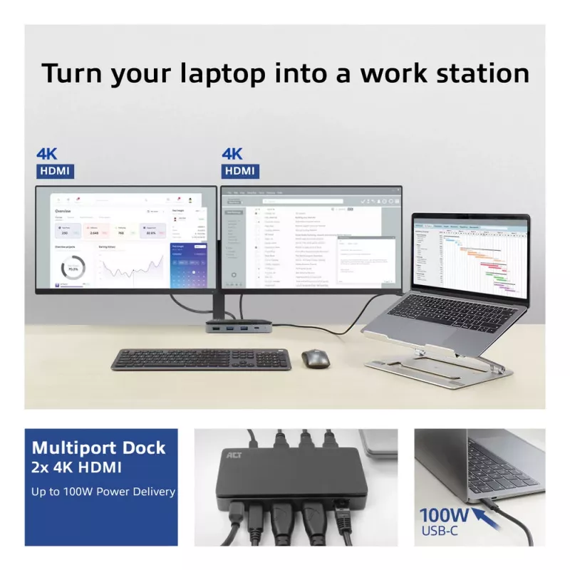 ACT USB-C 4K MST dokovacia stanica pre 2 HDMI monitory, Ethernet, USB-C, 3x USB-A, PD-Passthrough a 1 meter odnímateľný spojovací kábel