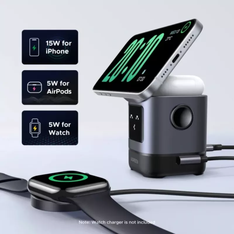 Nabíjačka UGREEN 45775 — bezdrôtová AC rýchlonabíjačka pre interiér, univerzálna, 1× USB-C, čierna/sivá