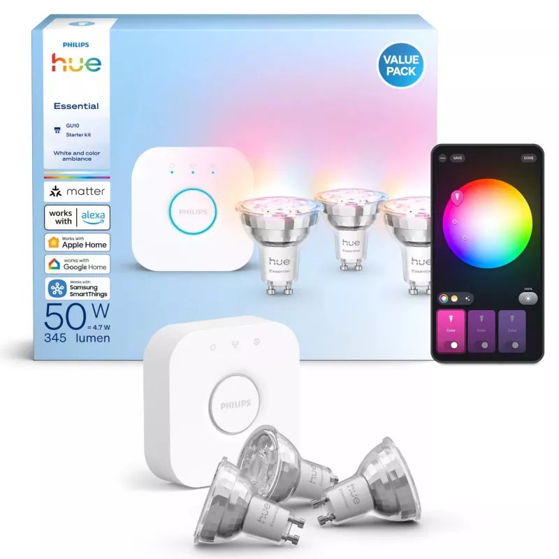 Philips Hue White and Colour Ambience Essential štartovacia sada: 3 smart žiarovky GU10 (345 lm)