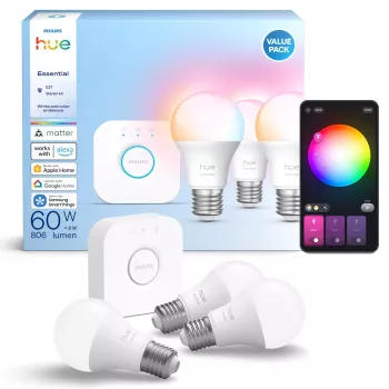 Sada smart osvetlenia Philips Hue White and Colour Ambience Essential – 3× E27 smart žiarovky, 806 lm, 8 W, Bluetooth/Zigbee