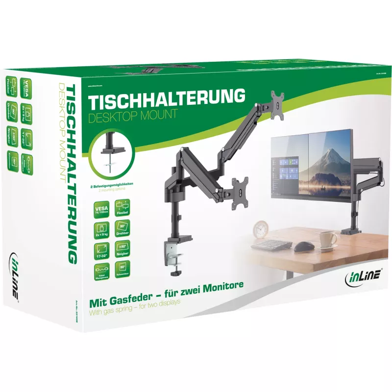 InLine stolový držiak s výškovým nastavením pre dva monitory do 82 cm (32