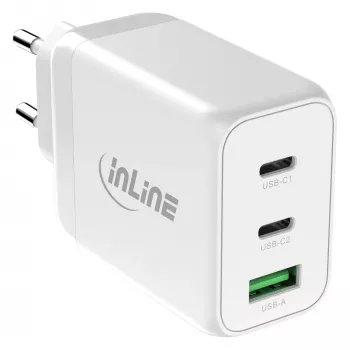 InLine mobilná nabíjačka 31506E — univerzálna AC rýchlonabíjačka pre interiér, 100–240 V vstup, až do 20 V/5 A výstup, 1x USB-A, 2x USB-C, biela