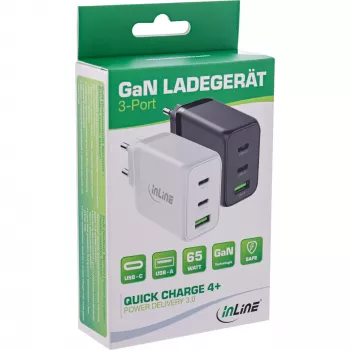 InLine mobilná nabíjačka 31506E — univerzálna AC rýchlonabíjačka pre interiér, 100–240 V vstup, až do 20 V/5 A výstup, 1x USB-A, 2x USB-C, biela