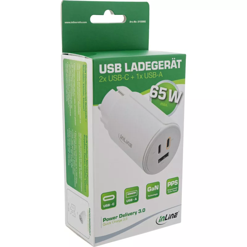 InLine USB PD napájací zdroj, GaN nabíjačka, 3-port, Dual-USB-C + USB-A, 65W, biela