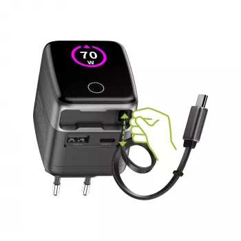 InLine USB napájací zdroj, 70 W, GaN, USB-C PD + USB-A QC, kábel 60 cm, čierny