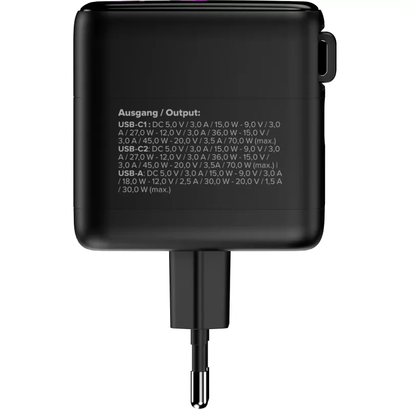 InLine USB napájací zdroj, 70 W, GaN, USB-C PD + USB-A QC, kábel 60 cm, čierny