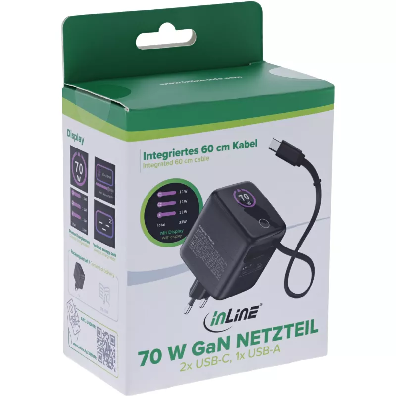InLine USB napájací zdroj, 70 W, GaN, USB-C PD + USB-A QC, kábel 60 cm, čierny