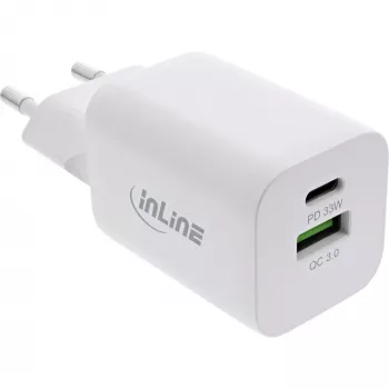InLine USB napájací zdroj, nabíjačka USB-A + USB-C, 33W, PD + QC, biela