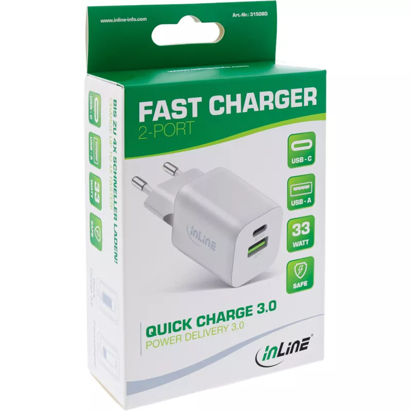 InLine USB napájací zdroj, nabíjačka USB-A + USB-C, 33W, PD + QC, biela
