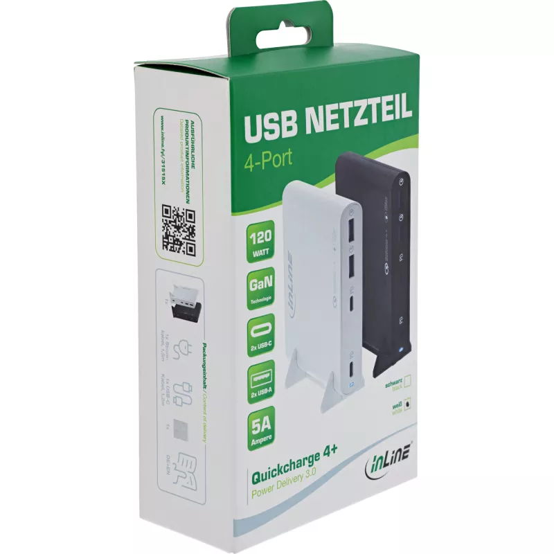 InLine GaN USB napájací adaptér, 4 porty, 2x USB-C + 2x USB-A, 120 W, čierny (31515B)