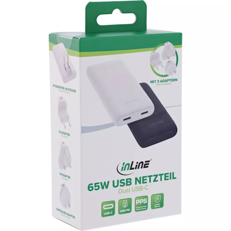 USB napájací zdroj InLine 31519C Dual USB-C 65W – Dual-USB-C konektory, 65 W celkový výkon