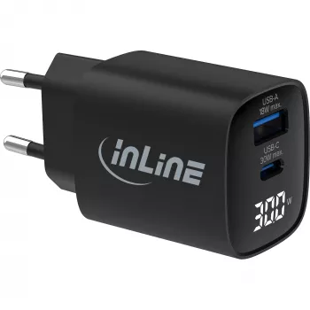 InLine USB PD napájací zdroj, GaN nabíjačka, 2 porty, USB-C + USB-A, 30W, s displejom