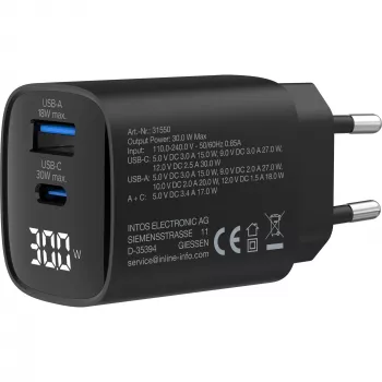 InLine USB PD napájací zdroj, GaN nabíjačka, 2 porty, USB-C + USB-A, 30W, s displejom
