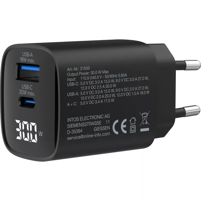 InLine USB PD napájací zdroj, GaN nabíjačka, 2 porty, USB-C + USB-A, 30W, s displejom