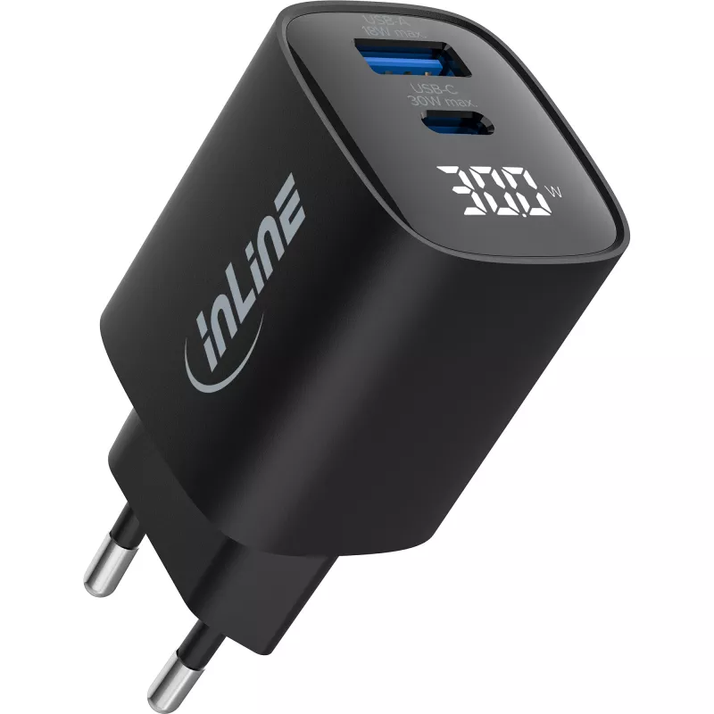 InLine USB PD napájací zdroj, GaN nabíjačka, 2 porty, USB-C + USB-A, 30W, s displejom