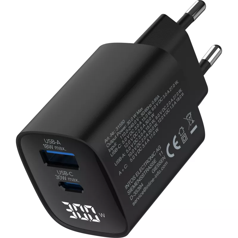 InLine USB PD napájací zdroj, GaN nabíjačka, 2 porty, USB-C + USB-A, 30W, s displejom