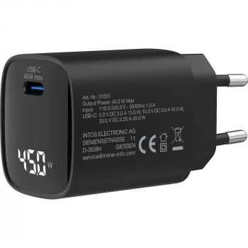 InLine USB PD napájací zdroj, GaN nabíjačka, 1-port, USB-C, 45W, s displejom