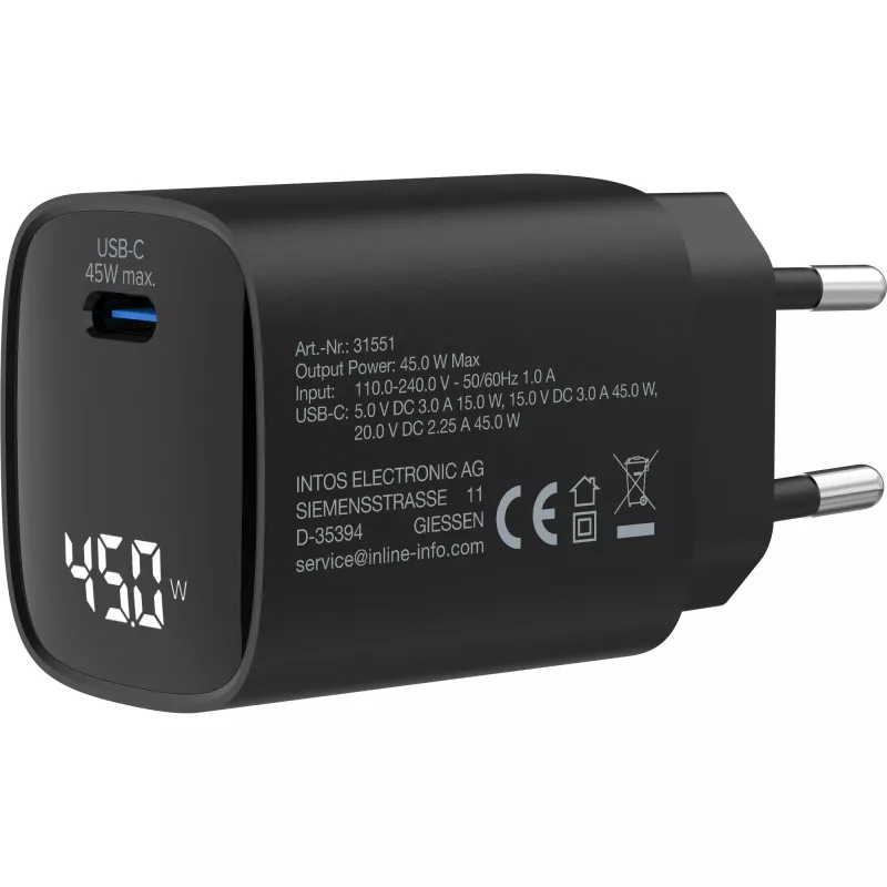 InLine USB PD napájací zdroj, GaN nabíjačka, 1-port, USB-C, 45W, s displejom